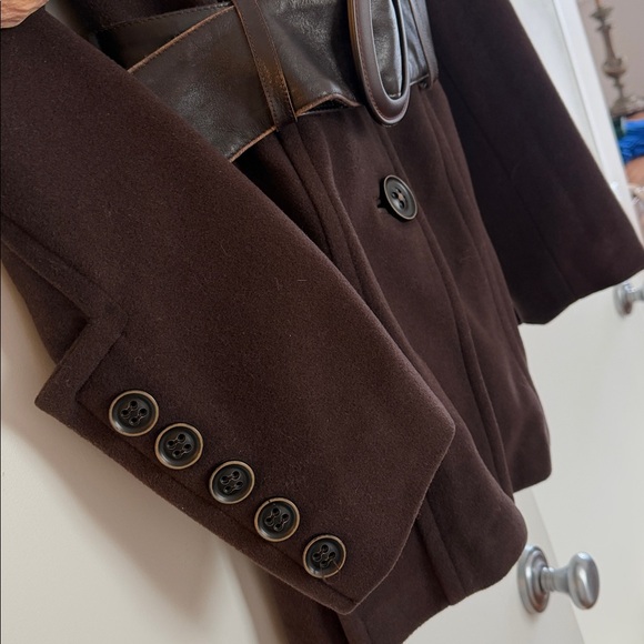 Arte Pelle Collection VTG Brown Wool Leather Trim Belted Pea Coat Women Size:P/S - Picture 8 of 12